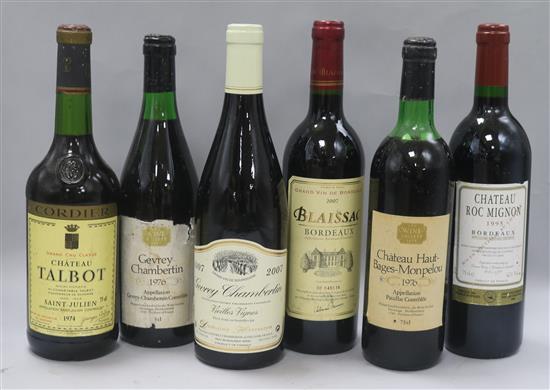 Six assorted red wines including Chateau Talbot, 1974, Chateau Roc Mignon, 1995, Gevrey Chambertin, 2007 and two Wine Society wines.